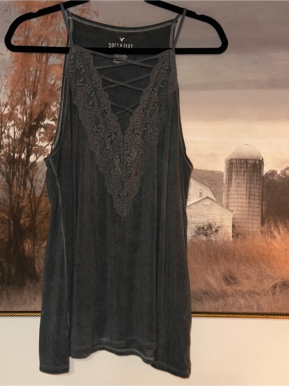 American Eagle Charcoal Grey “Soft & Sexy" Lace-Up Halter Tank Top XL